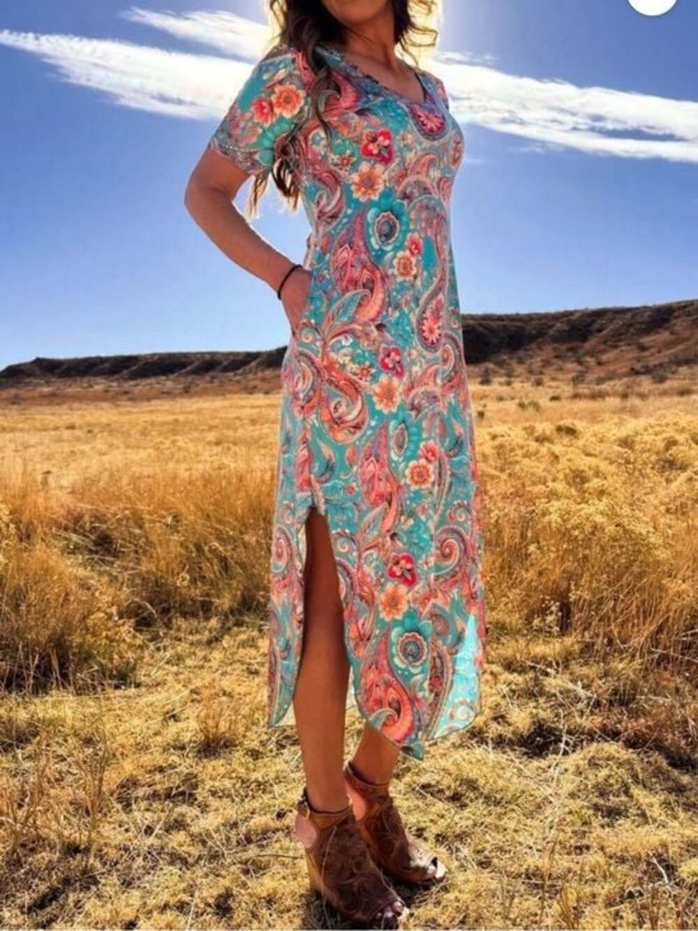 Sterling Kreek WillowPaisley Maxi Dress with Coral & Pink Floral Accents - NWT